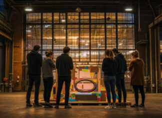 Junge Gründer stehen nachts in einer Werkhalle um einen Prototypen mit Fahrradreifen-Stück.