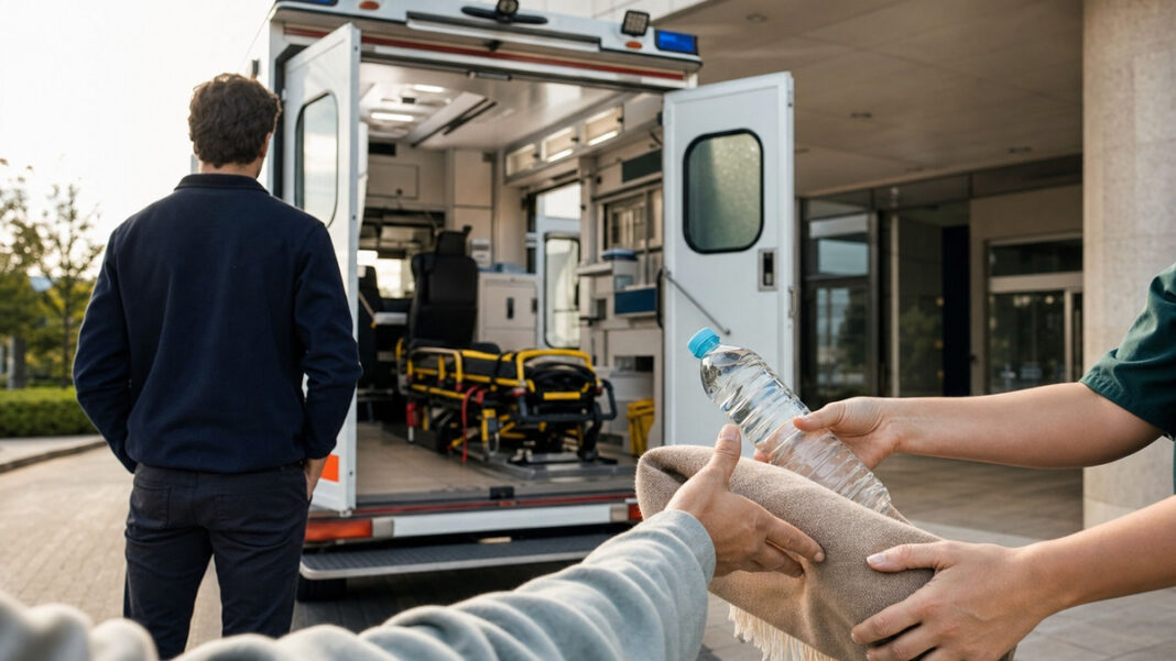 Gesundheits-Startup mit Patientenbetreuung Rettungswagen mit geöffneten Türen, Pflegekraft versorgt einen Patienten, Gründer im Hintergrund