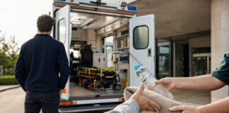 Rettungswagen mit geöffneten Türen, Pflegekraft versorgt einen Patienten, Gründer im Hintergrund