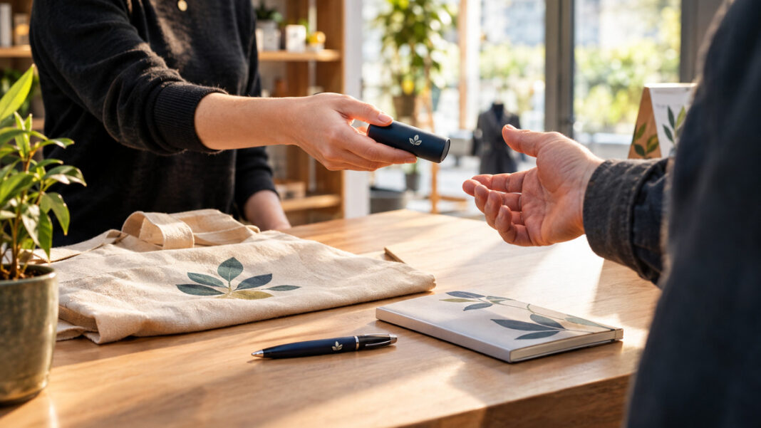 Werbeartikel auf einem Tresen im Start-up-Showroom, eine Hand überreicht ein Giveaway