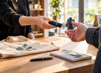 Werbeartikel auf einem Tresen im Start-up-Showroom, eine Hand überreicht ein Giveaway