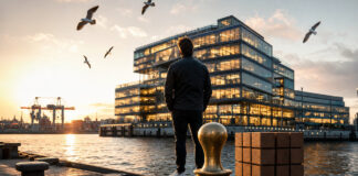 Gründer blickt auf Hamburger Hafen und modernes Bürogebäude, daneben ein Messingstempel