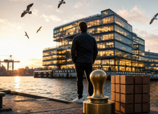 Gründer blickt auf Hamburger Hafen und modernes Bürogebäude, daneben ein Messingstempel