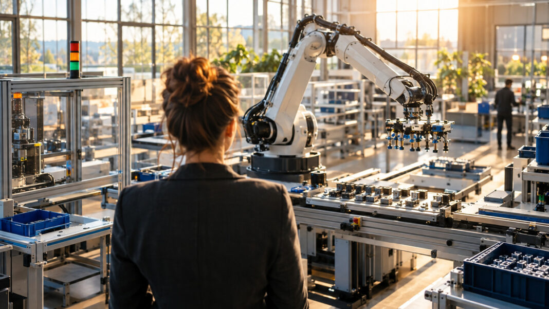 Digitale Automatisierung in der Werkhalle Werkhalle mit Montagearm, der Werkstücke präzise sortiert, im natürlichen Tageslicht.