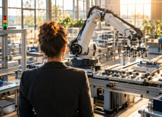 Werkhalle mit Montagearm, der Werkstücke präzise sortiert, im natürlichen Tageslicht.