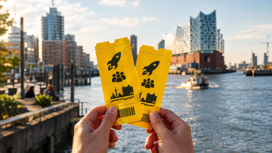 Hände halten zwei Tickets vor der Hamburger HafenCity im warmen Licht