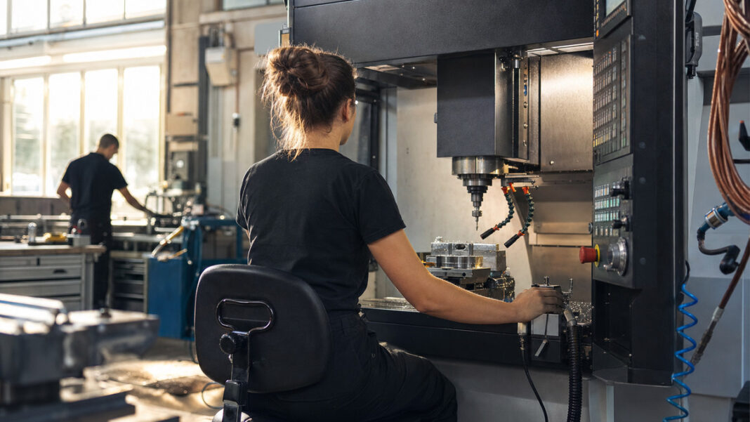 Frau an CNC-Fräse in moderner Werkhalle, im Hintergrund eine zweite Person als Silhouette
