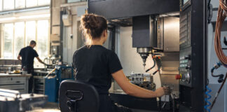 Frau an CNC-Fräse in moderner Werkhalle, im Hintergrund eine zweite Person als Silhouette