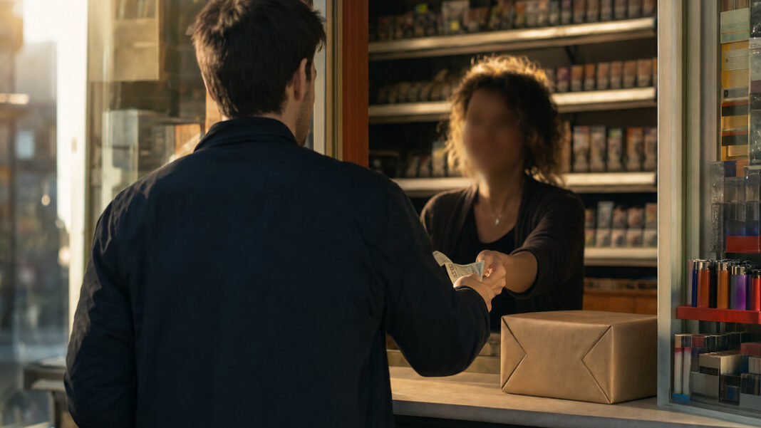 Barzahlen.de Barzahlung im Laden Kunde zahlt im Kiosk bar, daneben liegt ein Paket zur Abholung.