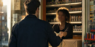Kunde zahlt im Kiosk bar, daneben liegt ein Paket zur Abholung.