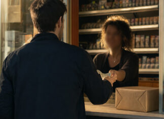 Kunde zahlt im Kiosk bar, daneben liegt ein Paket zur Abholung.