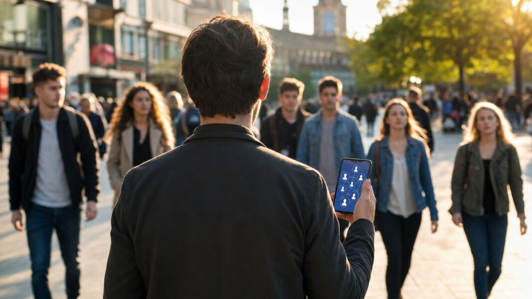 Talente-Markt bundesweit Recruiter mit Smartphone auf einem Stadtplatz, mehrere Fachkräfte nähern sich von verschiedenen Seiten.
