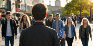 Recruiter mit Smartphone auf einem Stadtplatz, mehrere Fachkräfte nähern sich von verschiedenen Seiten.