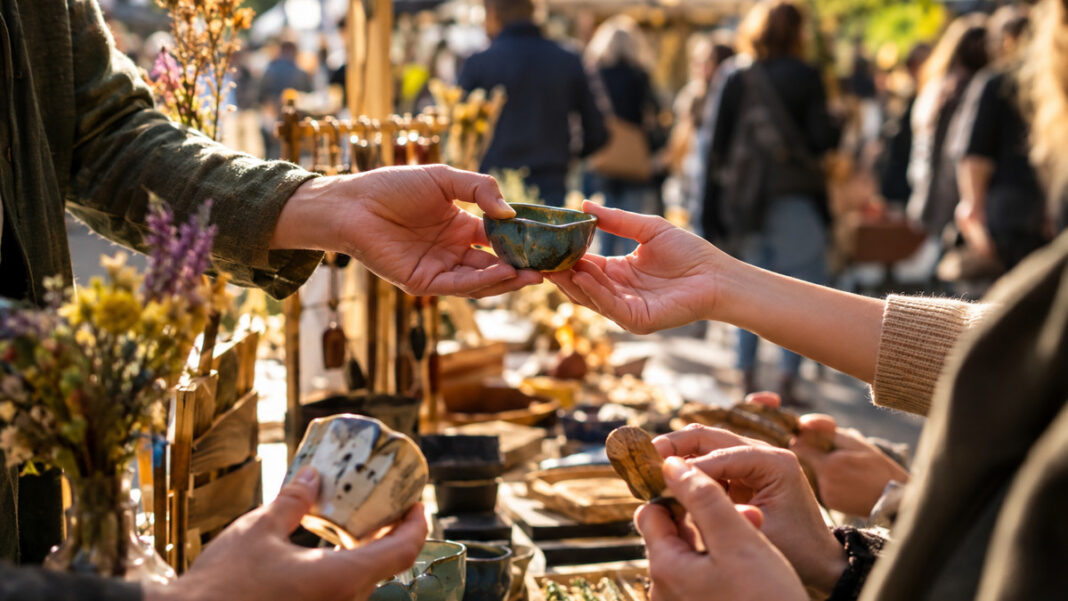Talentsuche am Markt Hände reichen auf einem Markt eine Werkprobe weiter, andere Hände vergleichen weitere Proben.