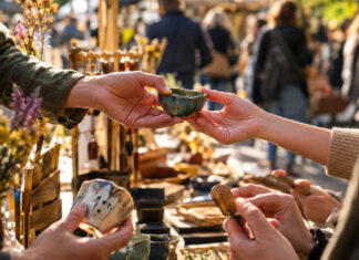 Hände reichen auf einem Markt eine Werkprobe weiter, andere Hände vergleichen weitere Proben.