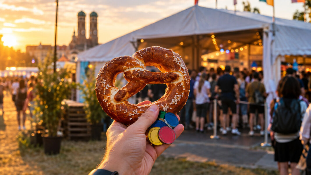 Hand mit Brezn und bunten Chips vor Festivalzelt mit wartenden Menschen