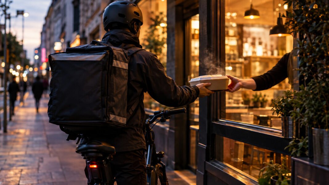 Lieferservice in der Stadt Kurier übergibt in einer Stadtstraße eine dampfende Lieferbox vor einem Restaurantfenster.