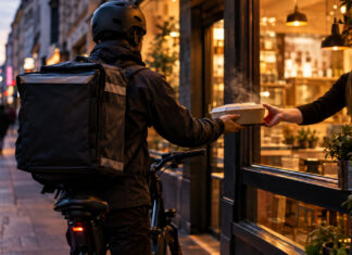 Take Eat Easy: Politik geht durch den Magen Kurier übergibt in einer Stadtstraße eine dampfende Lieferbox vor einem Restaurantfenster.