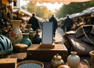 Shpock – eine Wiener Flohmarkt-App auf Erfolgskurs Smartphone auf einem Flohmarktstand mit Secondhand-Artikeln im warmen Morgenlicht