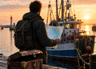 Tiburon – auf der Suche nach Startup-Schätzen Gründer am Kai vor Fischkutter neben halb offener Schatzkiste im Morgenlicht