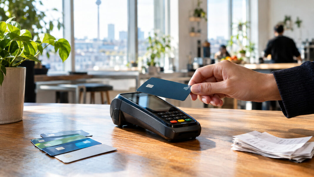 Hand testet Kartenterminal mit Karte in heller Berliner Gründerküche