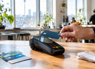 FinLeap – die Fintech-Schmiede startet durch Hand testet Kartenterminal mit Karte in heller Berliner Gründerküche