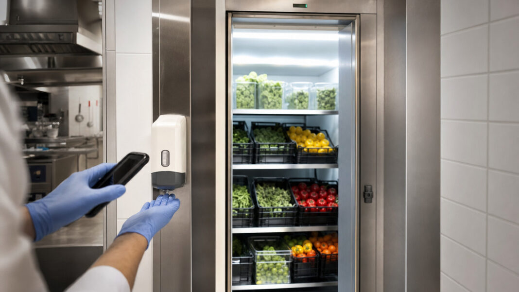 HygieneApp in der Lebensmittelproduktion Offener Kühlraum mit frischen Lebensmitteln, davor Hände mit Desinfektionsspender in einer Küche.