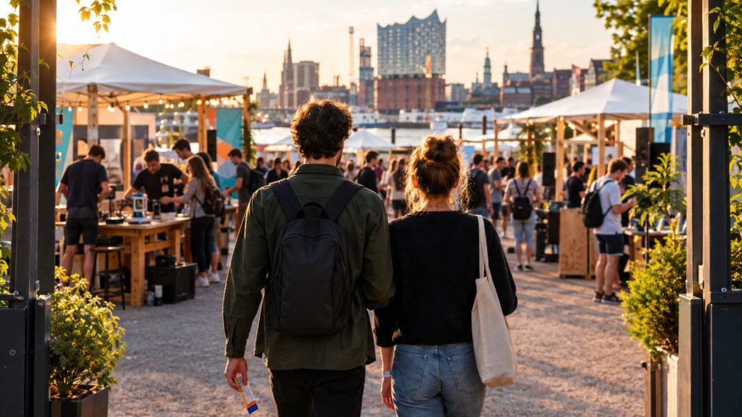 Gründerpaar vor dem Eingang eines Maker-Festivals in Hamburg, mit Ständen und Menschen im Sonnenlicht.