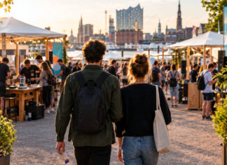 Gründerpaar vor dem Eingang eines Maker-Festivals in Hamburg, mit Ständen und Menschen im Sonnenlicht.