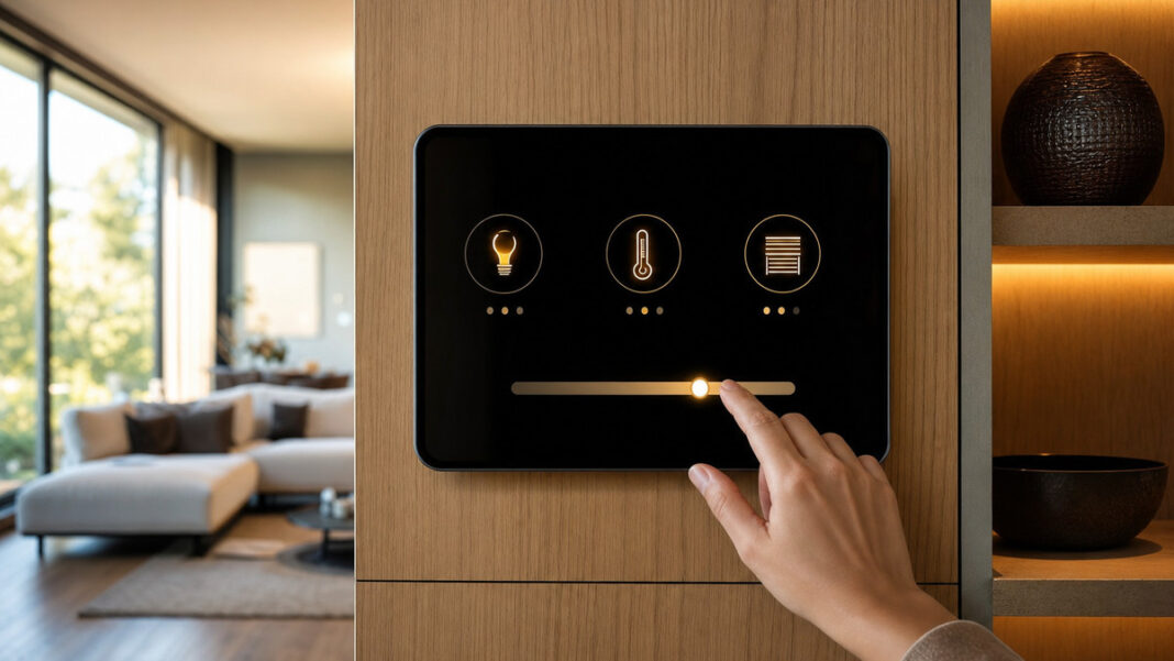 Smart Device im modernen Wohnraum Smart-Home-Steuerpanel in einem Wohnraum, eine Hand bedient die Technik bei Tageslicht.