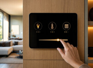 Smart Devices: für viele einfach zu kompliziert Smart-Home-Steuerpanel in einem Wohnraum, eine Hand bedient die Technik bei Tageslicht.