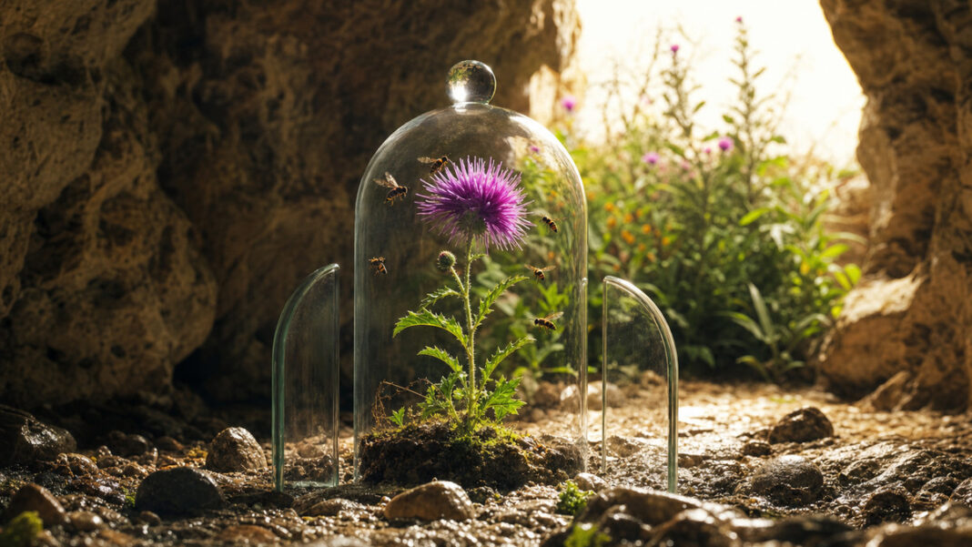 Wildblume unter Glasglocke, umgeben von schwirrenden Insekten in einer hellen Höhle