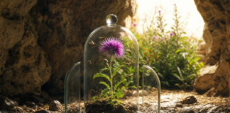 Wildblume unter Glasglocke, umgeben von schwirrenden Insekten in einer hellen Höhle