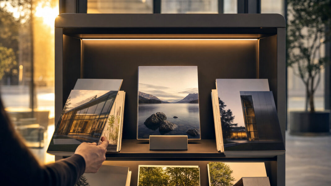Digitaler Kiosk mit Preis auf Sockel und einer Hand, die ein Magazin aus der Auslage zieht.