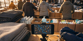 Helfer sortieren Hilfsgüter in einer Notunterkunft, daneben steht ein Smartphone auf Stativ.
