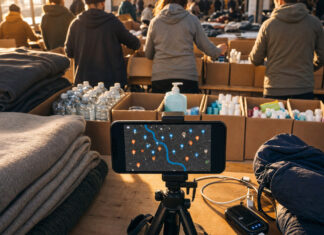 Refugee Hackathon – Flüchtlingshilfe digital Helfer sortieren Hilfsgüter in einer Notunterkunft, daneben steht ein Smartphone auf Stativ.