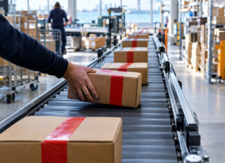 Die Erfolgsgeschichte der KW-Commerce GmbH Versandkartons auf einem Foerderband in einem hellen Lager