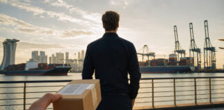 Gründer blickt auf Containerhafen in Singapur, im Vordergrund ein Paket mit Versandetikett