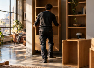 mycs – Möbel individuell gestalten Schreiner setzt Holzmodule zu einem maßgefertigten Regal in eine Wohnraum-Nische, warmes Tageslicht