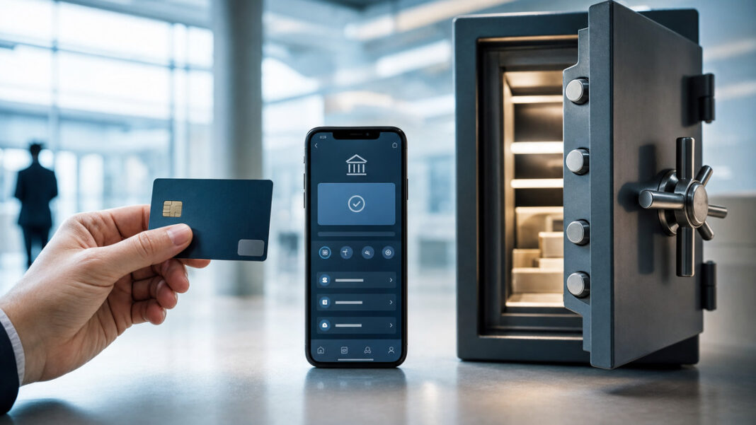 Modernes Online-Girokonto Hand mit Karte vor offenem Tresor und Smartphone in einer hellen Bankfiliale