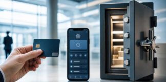 Hand mit Karte vor offenem Tresor und Smartphone in einer hellen Bankfiliale