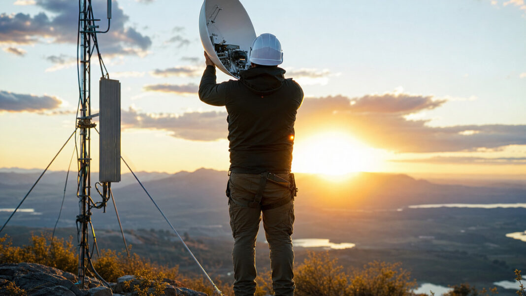 Techniker von hinten auf einem Hügel mit Satellitenschüssel neben einem Funkmast in Abendlicht.