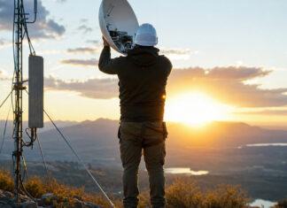 Techniker von hinten auf einem Hügel mit Satellitenschüssel neben einem Funkmast in Abendlicht.