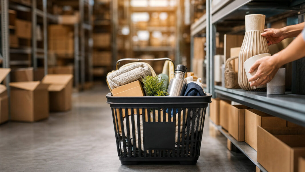 Einkaufskorb und Hände beim Einräumen weiterer Produkte in ein Regal im Logistiklager