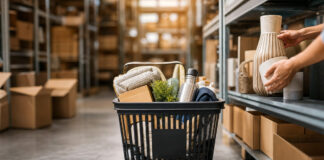 Einkaufskorb und Hände beim Einräumen weiterer Produkte in ein Regal im Logistiklager