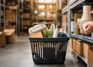 Netzshopping verdoppelt sein Angebot Einkaufskorb und Hände beim Einräumen weiterer Produkte in ein Regal im Logistiklager
