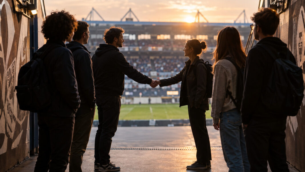 Gründer und Studierende reichen sich im Stadiontunnel die Hände vor der Tribüne.