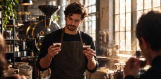 Gründer probiert einen Kakaodrink an einem Tresen in einer Kaffeerösterei
