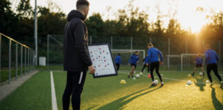 Trainerassistent mit Taktikboard am Fußballplatz, im Hintergrund trainiert eine kleine Gruppe bei Abendlicht.