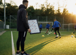 Trainerassistent mit Taktikboard am Fußballplatz, im Hintergrund trainiert eine kleine Gruppe bei Abendlicht.